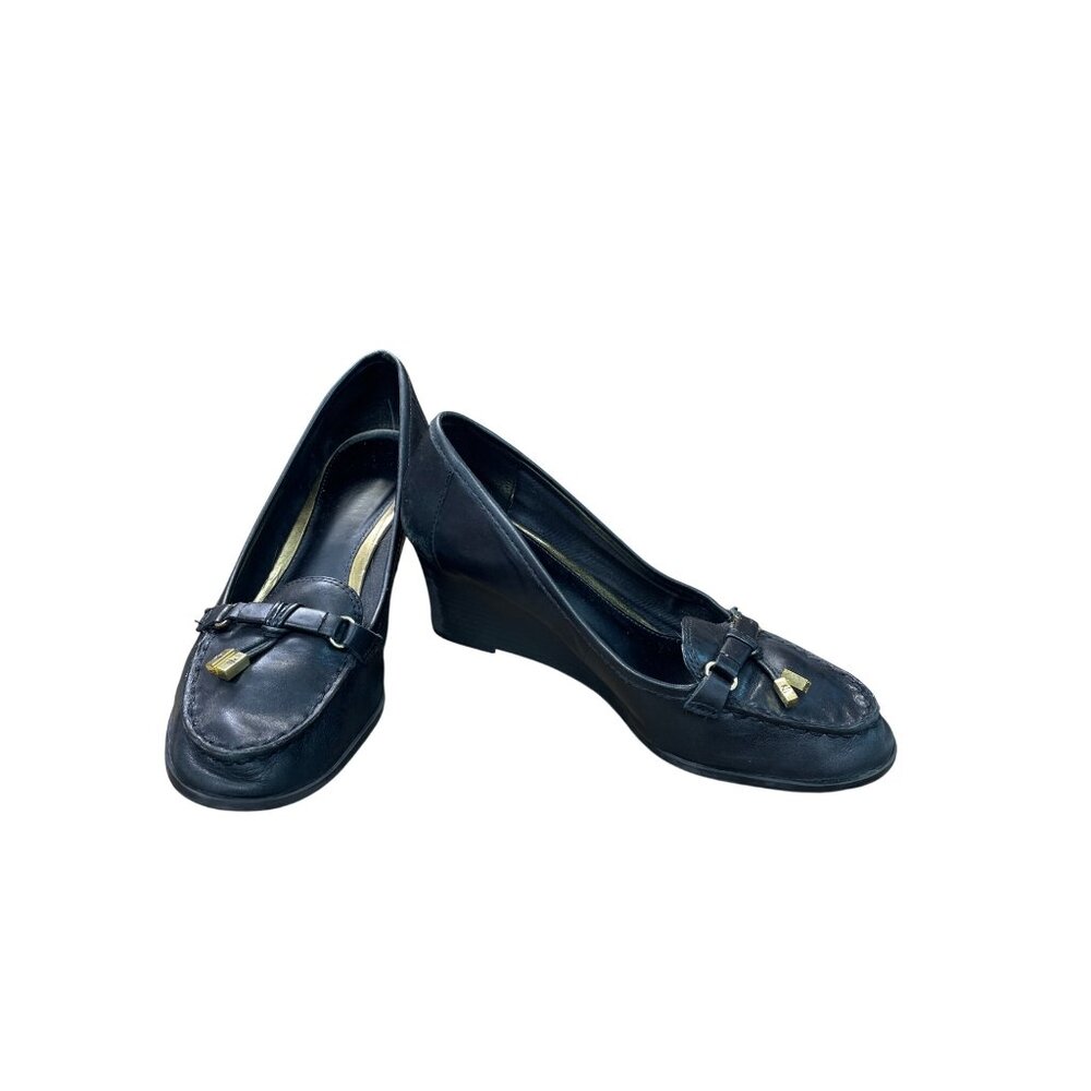 Ralph Lauren Lauren Womens Black Leather Wedge Heels Size 7.5B SKU 9179